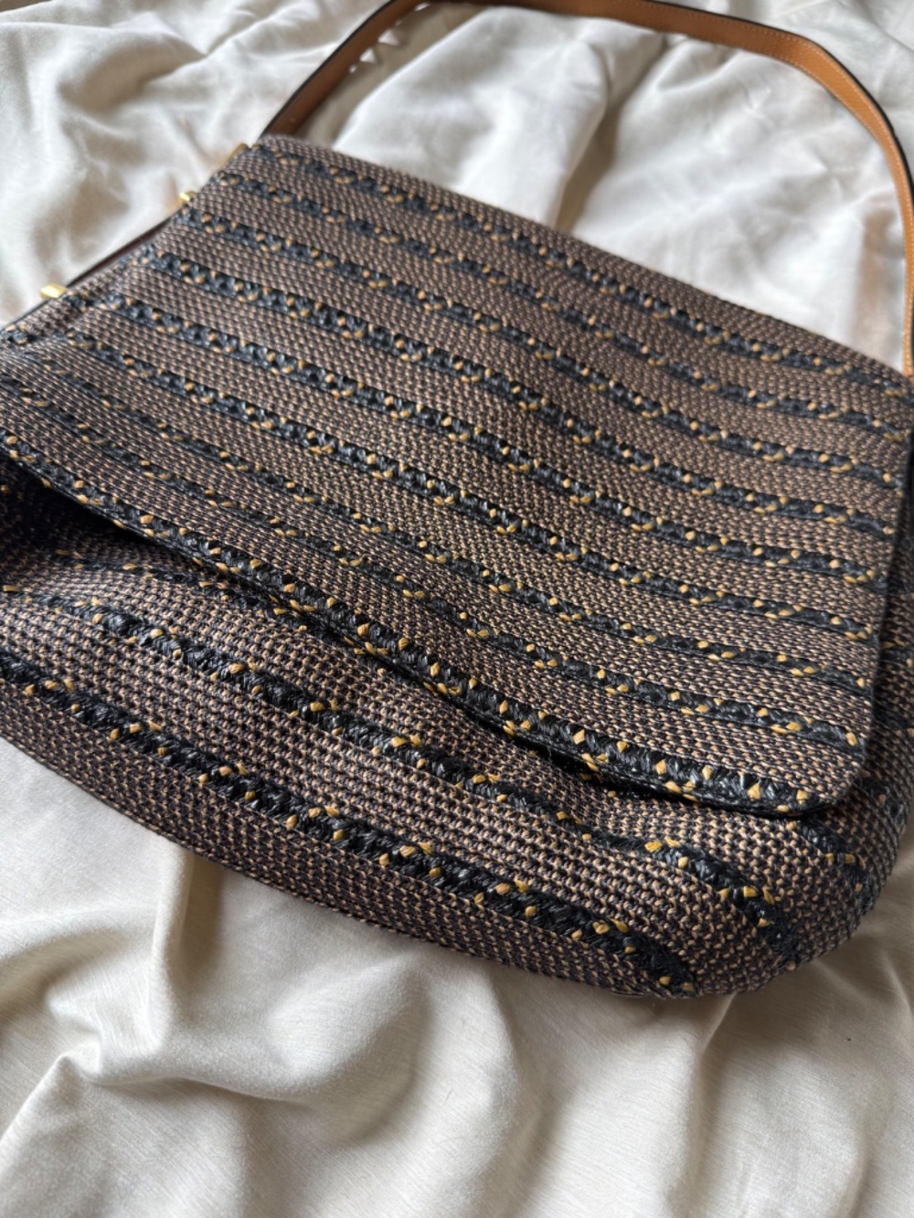 Eric Javits Squishee Tan Black Brown woven Raffia Shoulder Bag M/L
